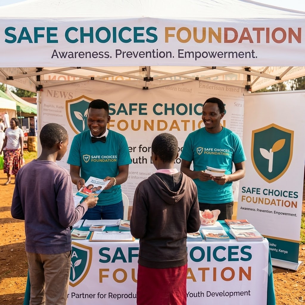 Safe Choices Foundation team talking with young people at a community outreach stand in Uasin Gishu County
